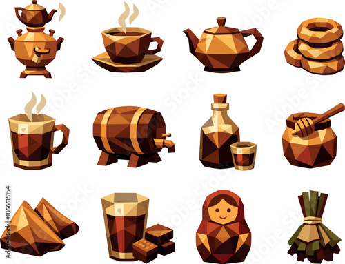 Samovar Icon Set. Samovar with hot tea and Russian traditional beverage represented through a professional low-poly vector icon