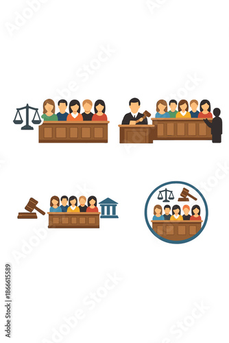 A white background vector set featuring a jury icon, symbolizing people, a group, court, law, and justice