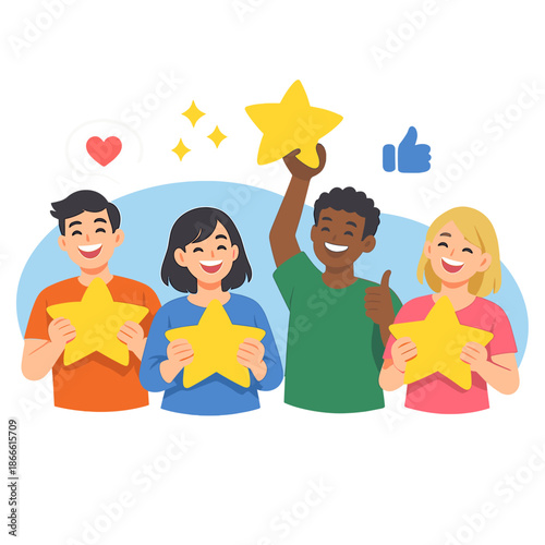 Contented group members clutching stars, accompanied by a user rating and review vector banner