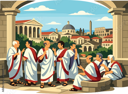 In a grand open‑air hall with the city in the backdrop, Roman senators convened to debate governance and power struggles amid ancient architecture