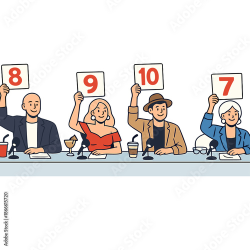 Men and women jury members of a talent show evaluate artists who display banners with rating numbers, while the performance, vocal TV competition, and television musical audition contest are