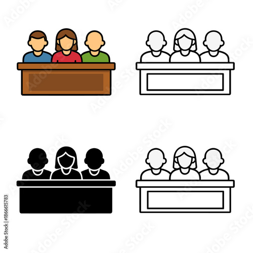 The jury icon appears in filled, thin line, outline, and stroke styles; two colored and black jury vector designs suitable for mobile, UI, and web use