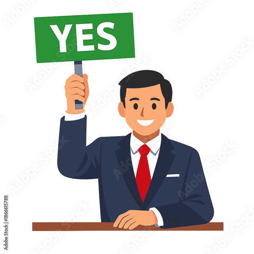 In a suit, the adjudicator votes positively and lifts up the “Yes” nameplate