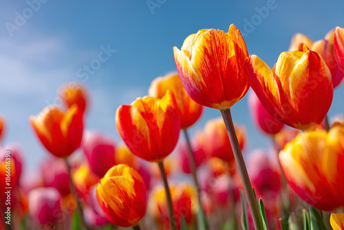 Kolorowe tulipany na tle błękitnego nieba – wiosenne kwiaty w ogrodzie, radosna atmosfera i sezon kwitnienia © Henryk Guziak