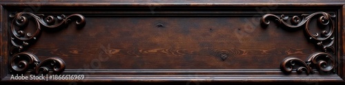 Dark wood frame featuring carved scrolls and flourishes , flourish, element, border design