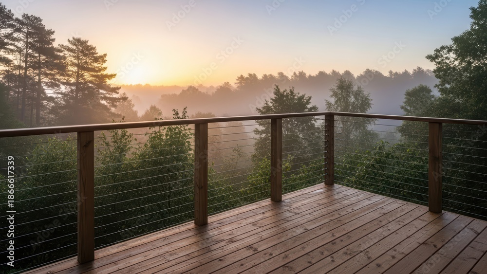 Obraz premium Wooden deck with railing overlooking a misty forest at sunrise. Scenic view from a balcony or patio, great for travel and nature concepts.