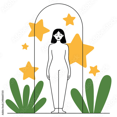 Nude woman standing calmly beneath an archway surrounded by large golden stars and green foliage.