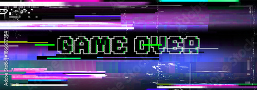 A vibrant pixel art game over message with a colorful digital glitch screen effect and distorted vhs noise background perfect for a retro gaming poster banner or technology concept