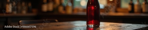 Elegant wine bottle, glass on wooden table Dim lighting, blurred background , romantic, liquid, soft lighting