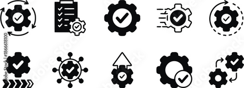 Process completion and quality control glyph icon set