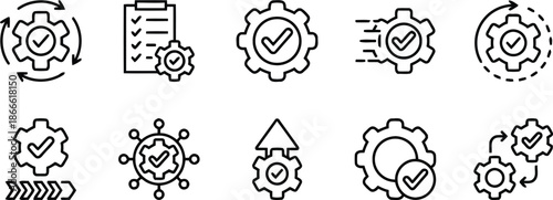 System approval and verified process line icon set