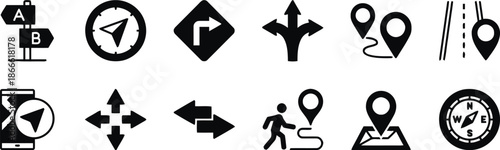 Black silhouette navigation and gps location map icon set