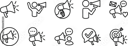 Promotional megaphone icon set for marketing