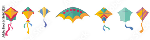 A colorful collection of illustrated flying kites with various decorative patterns and ribbon tails.