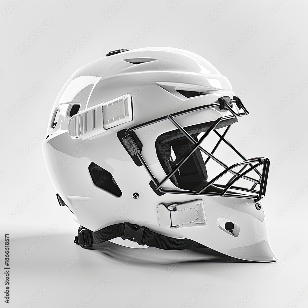 Fototapeta premium A glossy white protective helmet for sports with a wire cage and black straps