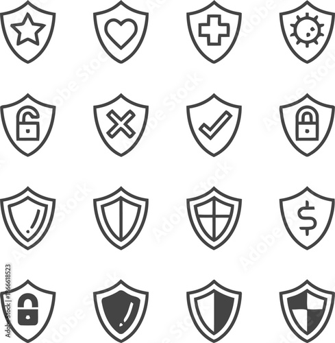 Set of shields protection outline icons on transparent background