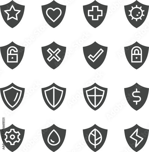 Set of shields protection outline icons on transparent background