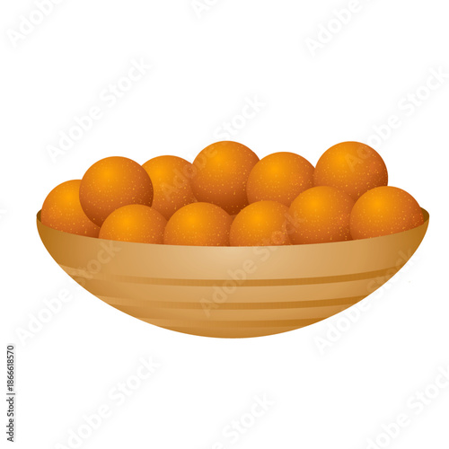 A simple light brown bowl filled with round, orange, granular Indian sweets, commonly known as Motichoor Laddu, piled high for a festive treat.
