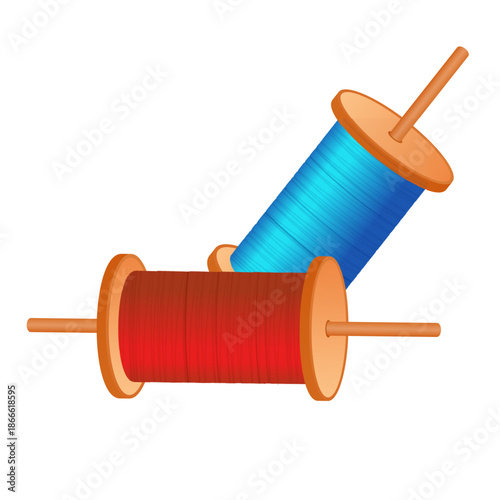 Two vibrant spools of kite flying thread, one red and one blue, on wooden firkis.