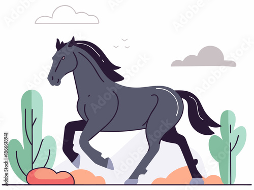 A majestic black horse gracefully running amidst desert plants and clouds