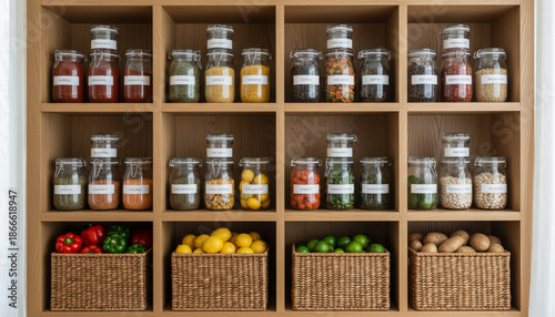Bild auf Leinwand Organized wooden pantry shelves stocked with glass jars of diverse spices, herbs, and dry ingredients, plus baskets of fresh produce