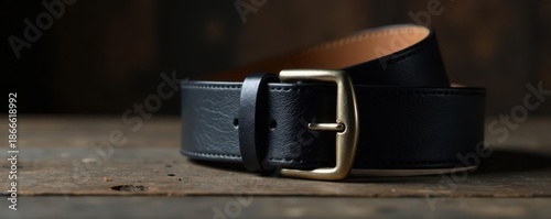 Narrow black leather belt, subtle sheen, simple buckle, apparel, elegant, macro