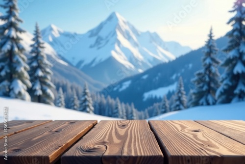 Rustic wooden tabletop, snowy mountain vista Perfect for showcasing your products , mountain, christmas backdrop, scene