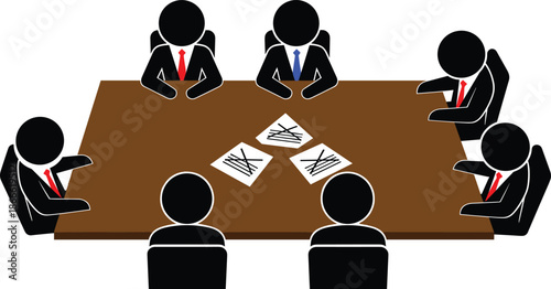 Business meeting top view illustration with corporate team discussion, executives sitting around conference table, management strategy planning, professional office vector concept