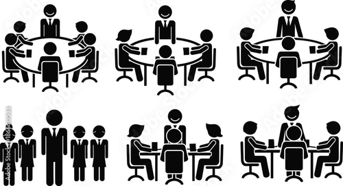 Business meeting and teamwork silhouette icons collection, corporate people discussion around table, office management conference scenes, black vector illustration set