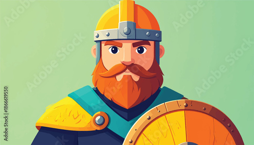 Cartoon Viking Warrior with Shield and Helmet Illustration.