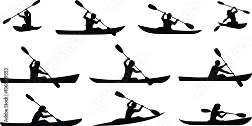 Kayaking and canoe paddling silhouette collection, water sport athlete action poses on kayak, outdoor adventure rowing activity, black vector illustration set