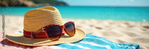 Straw hat and sunglasses resting on beach towel , sand, beach, shades