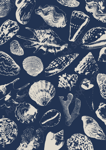 Vector tropical underwater style poster of corals and seashells collection Isolated on dark blue background. Card for interior design, prints, fabric or background.