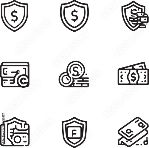 Money insurance and financial protection icon set.