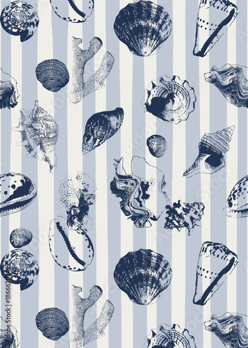 Underwater background of seashells collection, corals and stripes. For interior design, prints, fabric or background.
