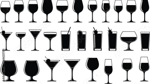Cocktail and wine glass silhouette collection, bar drinkware shapes for alcohol beverages, martini whiskey goblet glasses, black vector illustration set