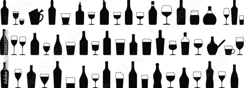 Alcohol bottles and glasses silhouette collection, wine beer whiskey bar drinkware shapes, pub beverage elements, black vector illustration set