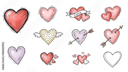 Collection of cute watercolor hearts with wings and arrows for love