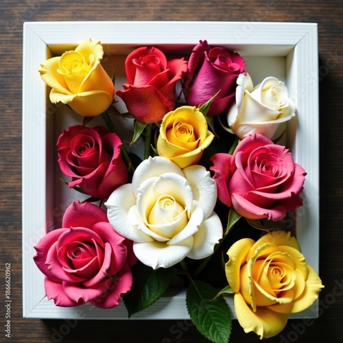 Vibrant roses meticulously placed within a simple white frame , minimalist, photography