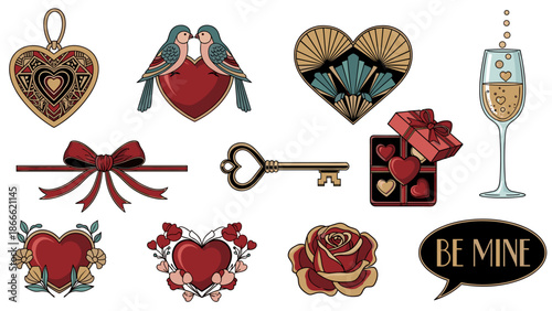 Collection of romantic love symbols including hearts and gifts