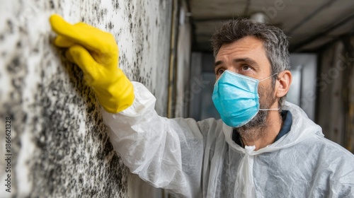 A worker in safety gear eradicates mold on a wall after water damage