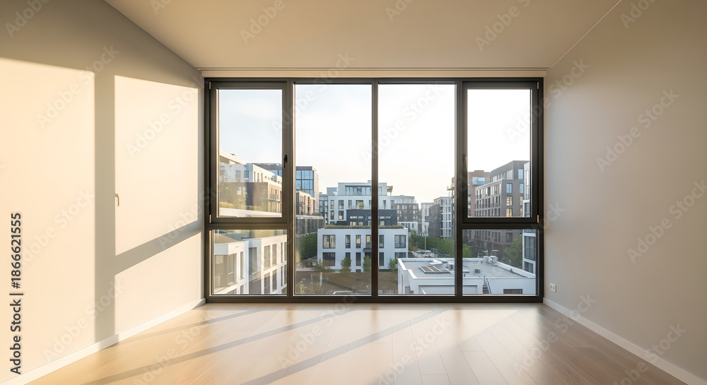 Fototapeta premium Empty Room Large Window City View Sunlight