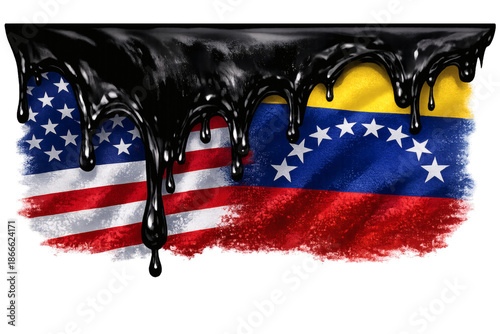 Black oil dripping over American and Venezuelan flags, symbolizing economic relations