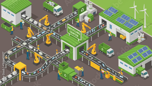 Isometric recycling plant factory interior with automated conveyor belts. Waste management industry concept. Sorting trash garbage process. Ecology environment sustainability. Vector.