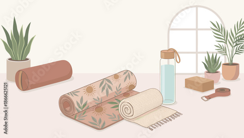 Rolled yoga mat, soft towel and reusable water bottle. Pilates fitness equipment. Healthy lifestyle vector. Gym studio accessories for meditation. Flat design wellness illustration.