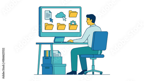 Person organizing digital files into folders on computer desktop. Data management concept. Office worker sorting documents. System administration. Cloud storage. File archiving task.