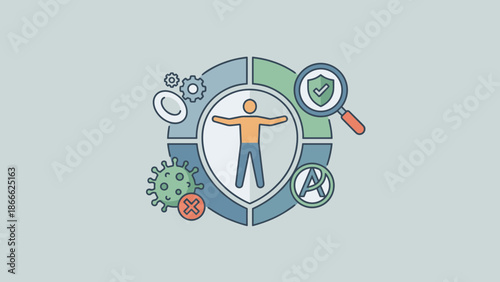 Immune system shield protection concept. Antivirus defense against bacteria. Flat vector illustration. Medical health security symbol. Virus safety guard. Healthcare immunity badge.