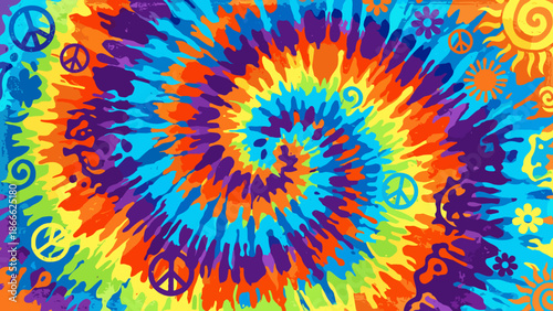 Abstract tie dye pattern background. Colorful psychedelic spiral hippie style vector illustration. Retro 60s 70s design with peace signs suns. Rainbow artistic swirl texture. Flower