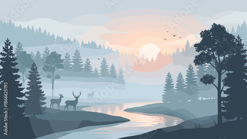 Misty forest landscape with river and deer at sunrise. Atmospheric nature background. Flat vector illustration. Wild coniferous woods. Peaceful dawn scenery. Foggy pine trees valley.