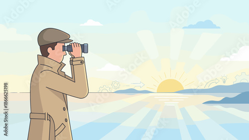 Man with binoculars looking at horizon. Business concept searching for opportunities. Future vision and strategy. Discovery and observation. Flat vector illustration. Success forecast.